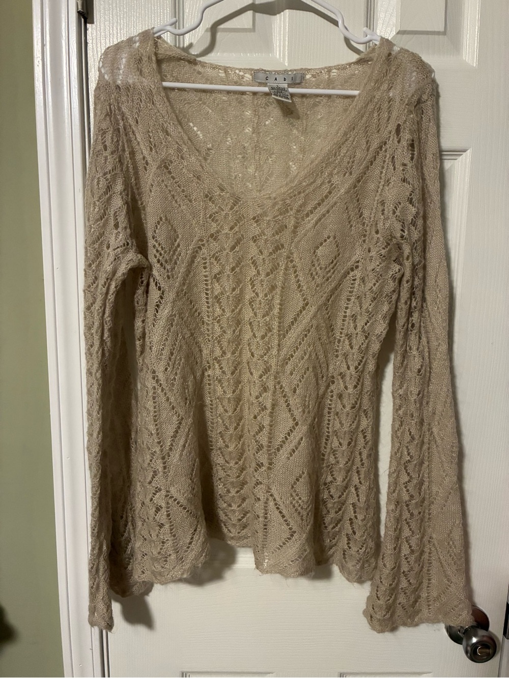 CAbi Open-Knit V-Neck Sweater - Beige